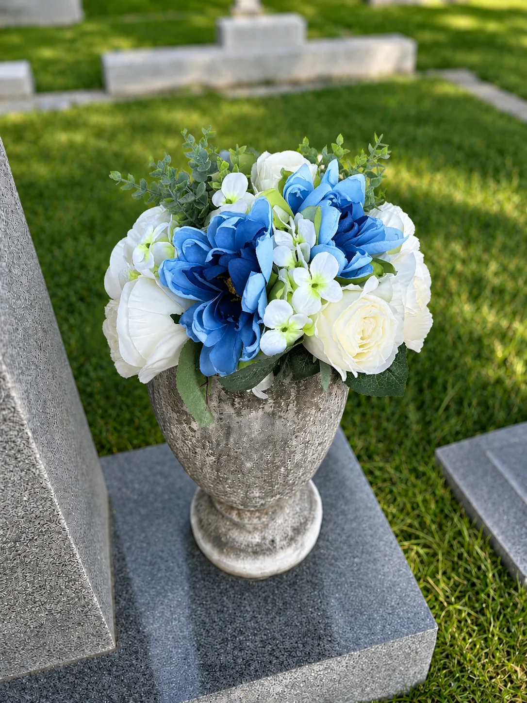 Blue Arrangement — BloomBridge graveside flower arrangement