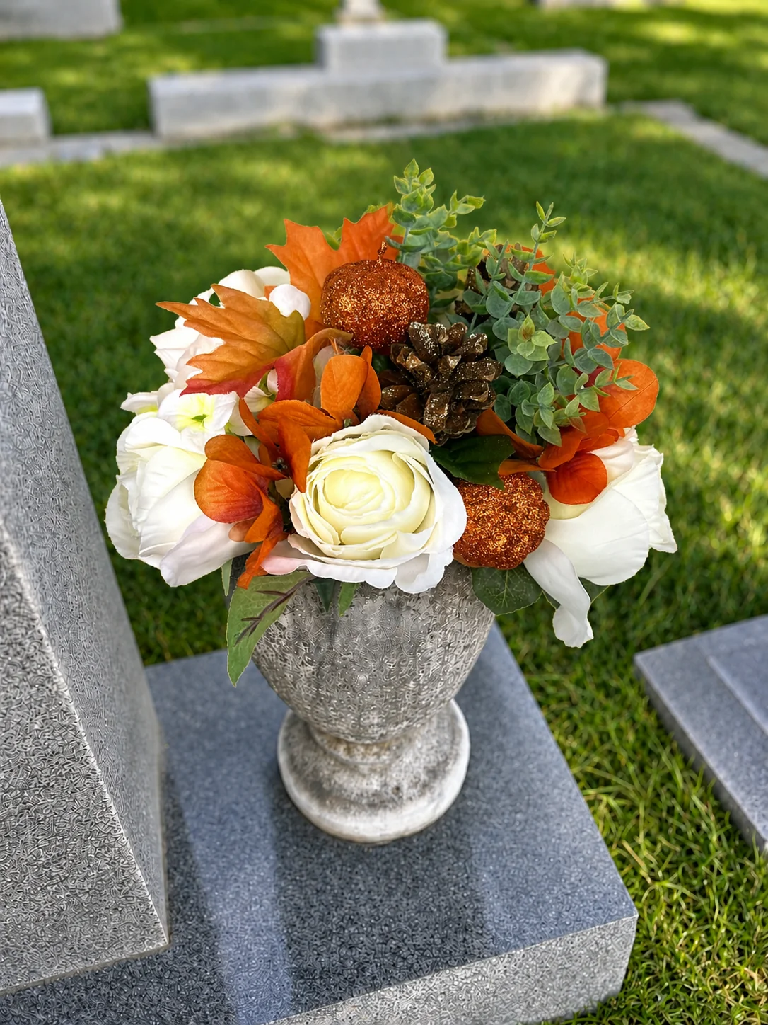 Fall Arrangement — BloomBridge graveside flower arrangement