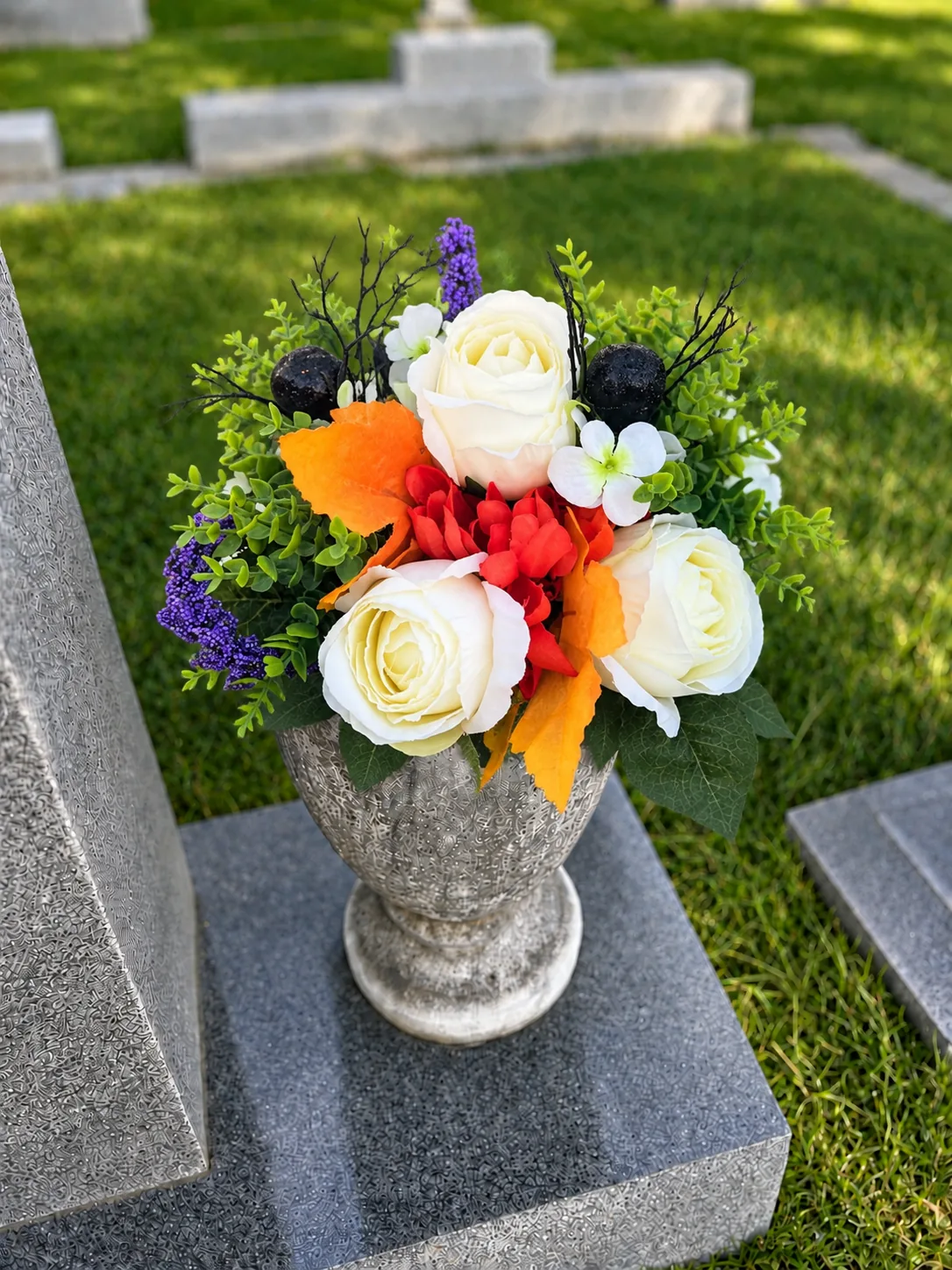 Halloween Arrangement — BloomBridge graveside flower arrangement