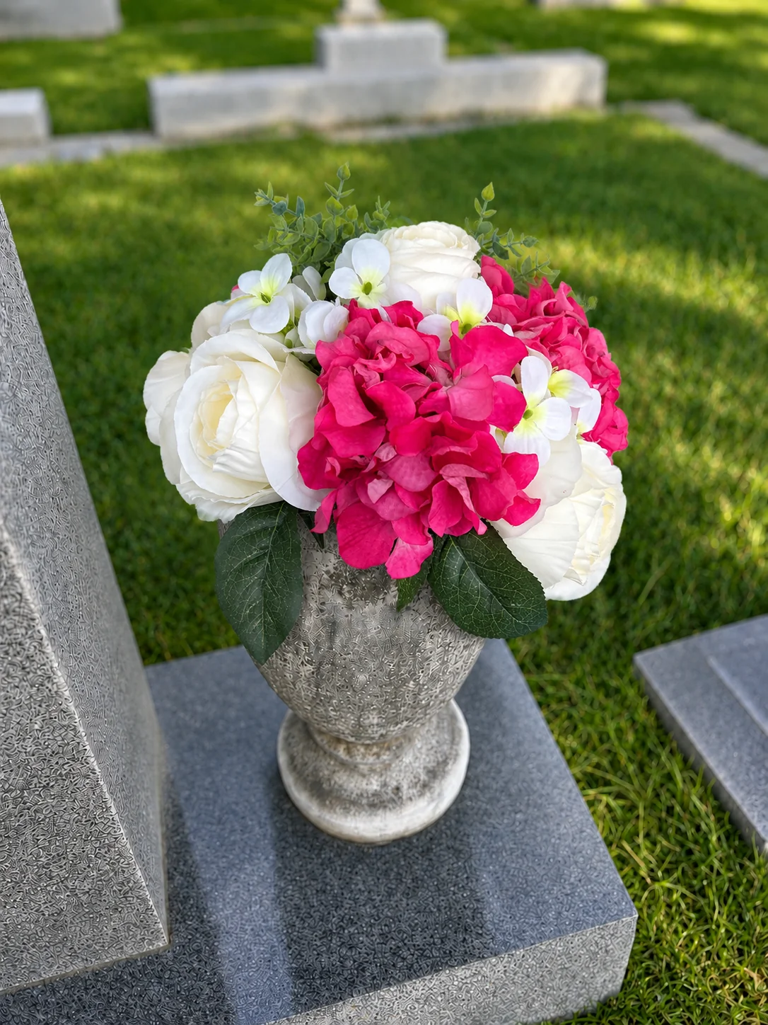 Hot Pink & White Roses — BloomBridge graveside flower arrangement