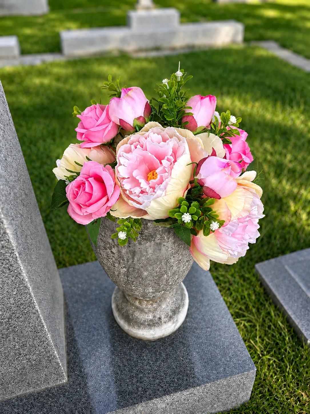 Pink Roses & Peonies — BloomBridge graveside flower arrangement