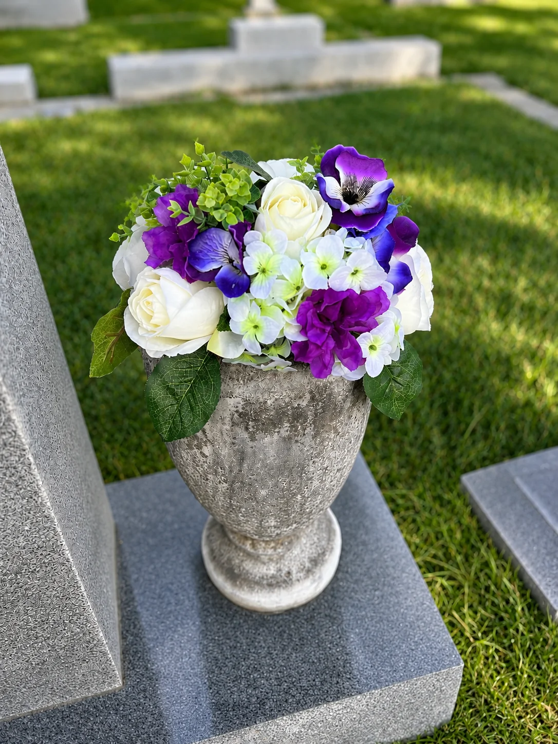 Purple Arrangement — BloomBridge graveside flower arrangement