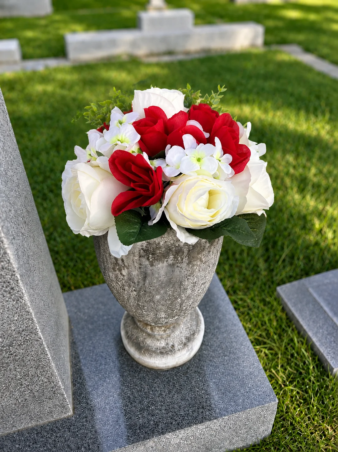 Red & White Roses — BloomBridge graveside flower arrangement