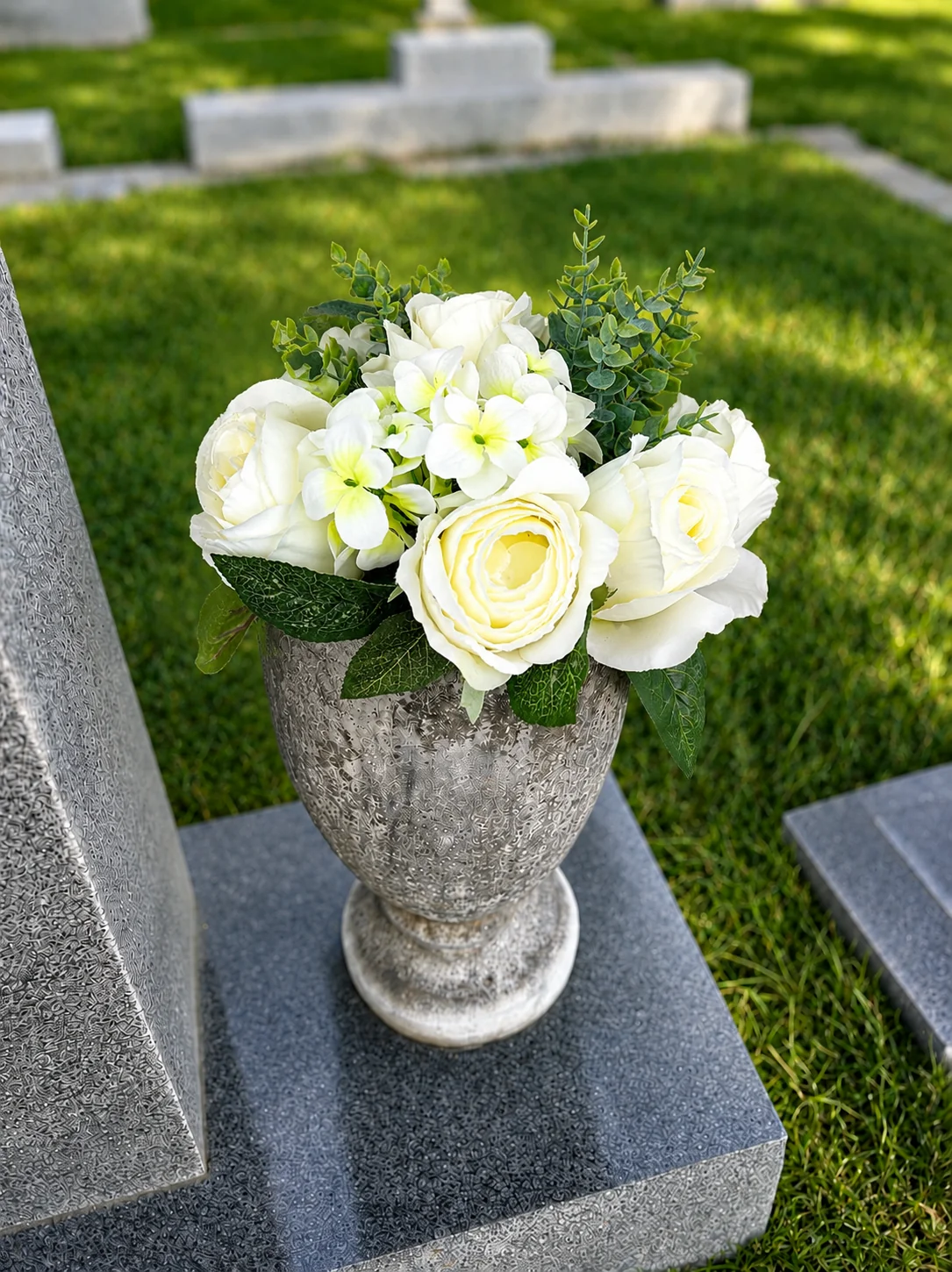 White Roses & Hydrangeas — BloomBridge graveside flower arrangement