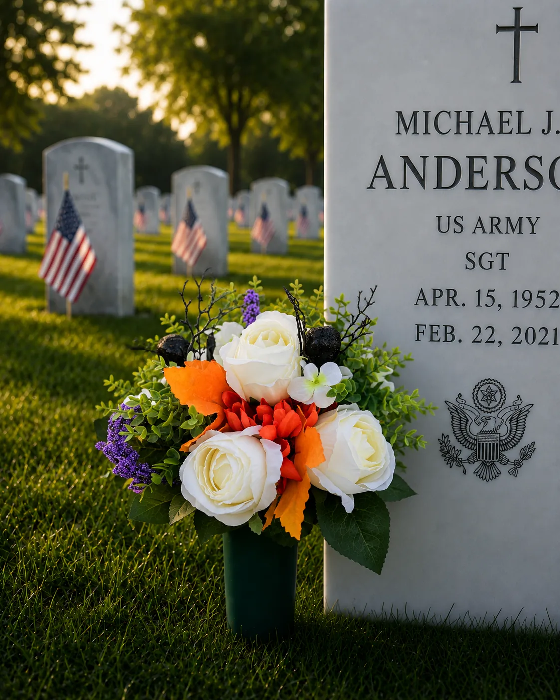Halloween Arrangement staked in the ground at an upright headstone