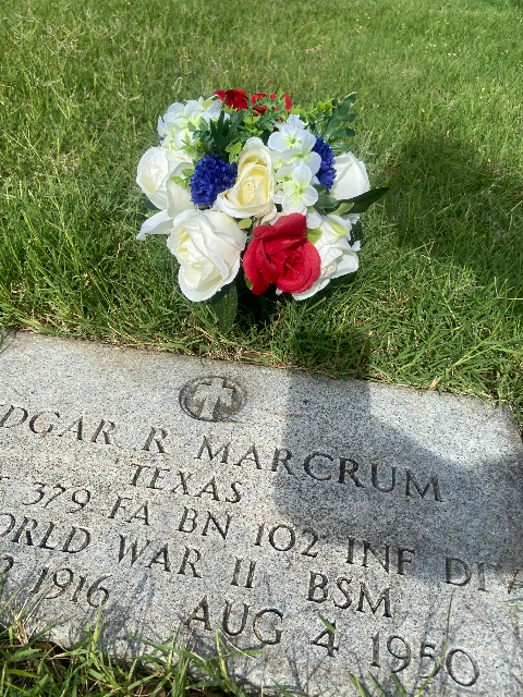 Red White Blue arrangement at upright headstone