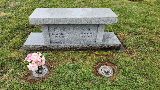 Pink Roses & Peonies arrangement at a grave