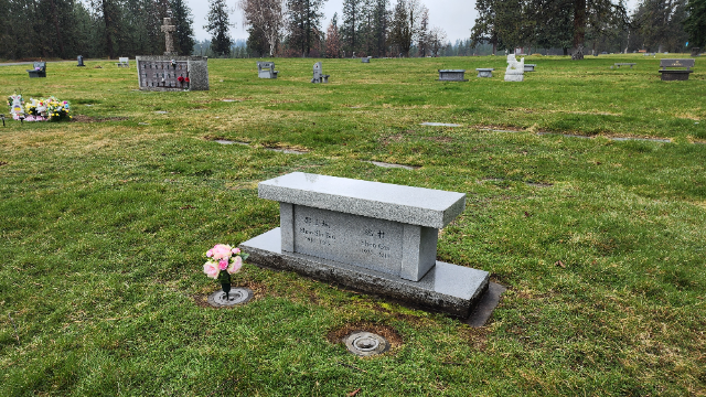 Pink Roses & Peonies arrangement at a grave
