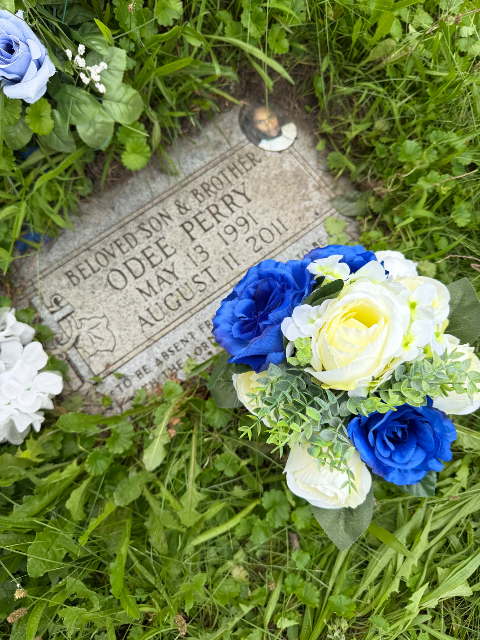 Flowers placed at the grave of Odee Perry, Cedar Park Cemetery